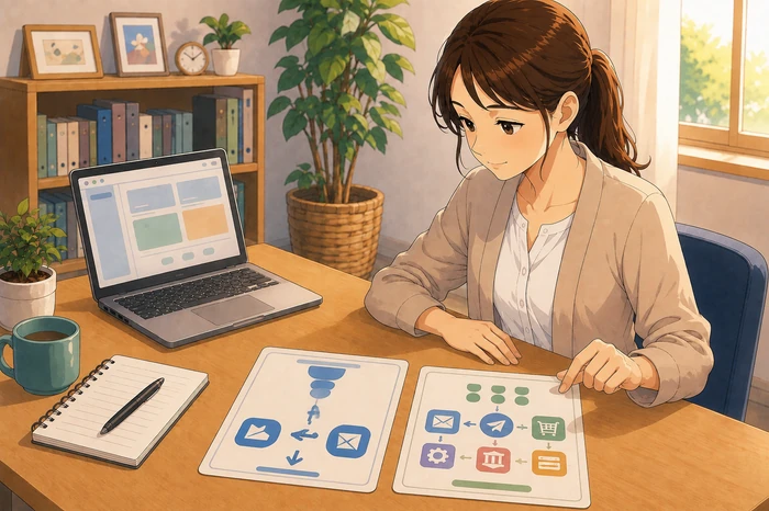 利用者が配信だけの流れと販売連携まで含めた流れを並べて比較している場面の画像