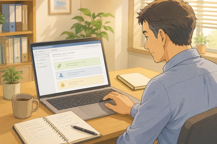 管理者がPCでログイン案内メールのテンプレートを作り、ログインURL・ログインID・パスワードを項目ごとに改行して並べている様子のイラスト画像