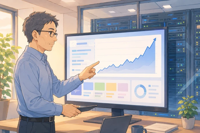 運用規模や配信負荷を示すグラフとサーバー設備を見て検討する担当者の画像
