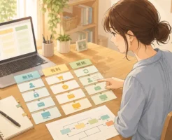 オンライン講座を販売する制作者がデスクでカラフルなカードを並べ、購入者ごとに見せるページの導線を決めている作業風景のアニメ調イラスト画像