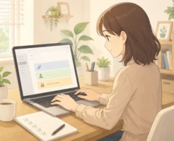 マイスピー 会員サイト ログイン方法 を案内する管理者が、ログインURL・ログインID(メールアドレス)・ログイン用パスワードをそれぞれ別行で並べた案内メールのテンプレートを作成しているイラスト画像