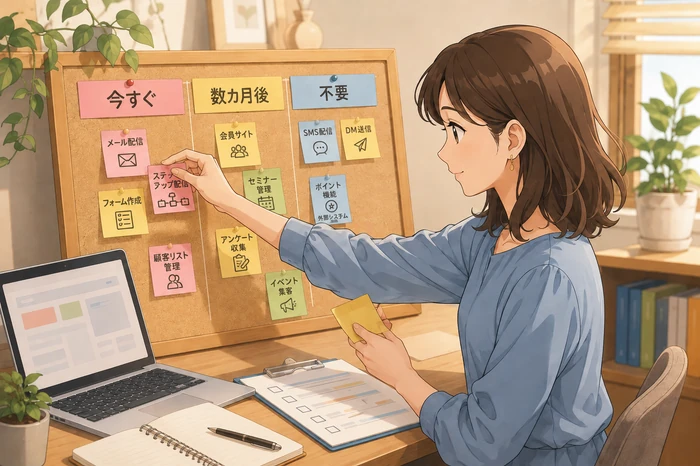 利用予定の機能を「今」「数カ月後」「不要」に分けて付箋で整理する人物の画像