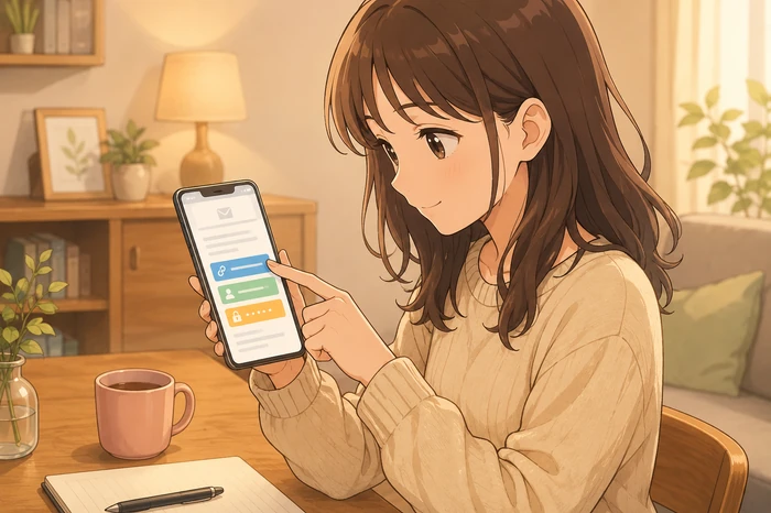購入完了メールでマイスピー 会員サイトのログインURL・ログインID・パスワードの3点を受け取り、URLをタップしてログインしようとする会員の様子を描いたイラスト画像
