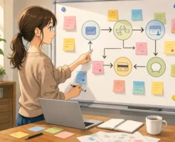 マイスピー スタンダードプランの導線をホワイトボードで図にして確認する女性オーナーのイラスト画像