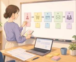 オフィスの小さなデスクでフロー図を描きながら、登録から申込み、決済、会員提供までの一連の流れを示すカードを並べる女性(マイスピー スタンダードプランの違いを示す場面)の画像