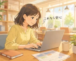 ノートパソコンでメルマガの作成数が無制限と確認して安堵する女性起業家の作業風景画像
