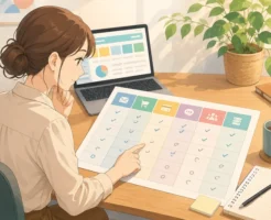 マイスピー スタンダードプランの機能範囲(配信・販売・決済・LINE連携・アフィリエイト・専用環境)を机上の比較表で見比べる経営者のイラスト画像