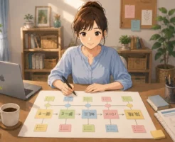 オンラインビジネスのオーナーがデスクで「登録→メール→決済→会員ページ」の導線を付箋と大きな紙に書いて整理している様子を描いた画像