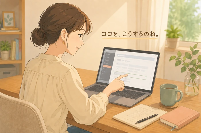 ノートパソコンの画面を見てメルマガ作成個数が無制限と安心する女性の作業画像