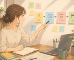 女性のオンライン講座運営者がデスク横の壁に貼った付箋のフローチャート(登録→配信→販売→決済)を指さして導線を確認している様子の画像