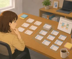 マイスピー スタンダードプランで作成済みの原稿や予約の実体を机上でカードに分けて整理する運用担当の女性のアニメ調イラスト画像