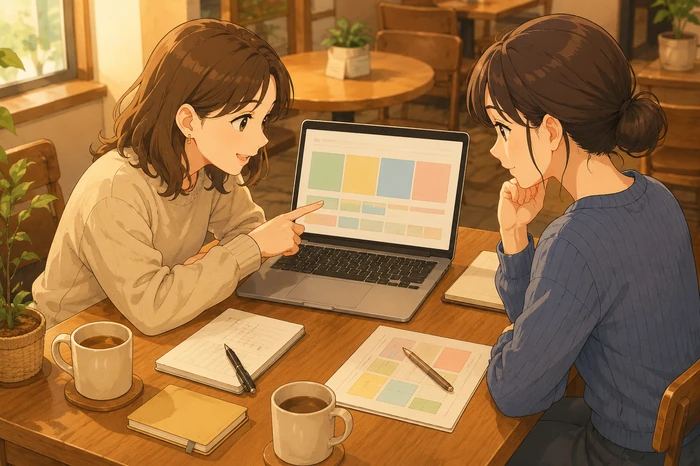 カフェの共有テーブルで友人と並んでノートPCの抽象的なグラフを見ながら、次に確認する項目を話し合う女性の画像