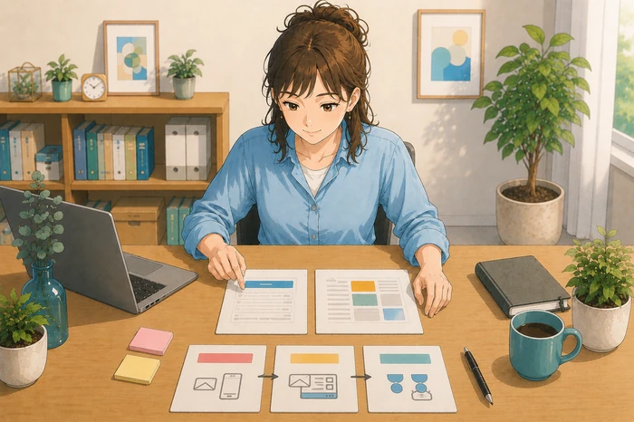 オンラインサロンの主宰者が「入会前・入会直後・参加中」の3つのカードを時系列に並べてシナリオを作っている場面を描いた画像
