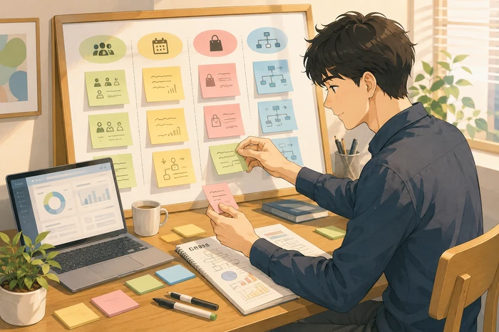 付箋と図で読者数、配信頻度、商品数を整理する男性マーケターの作業画像