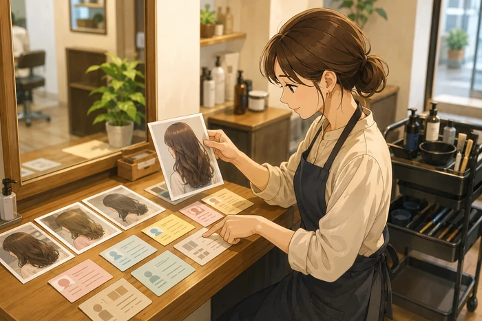 美容師が仕上がり写真のそばに施術前の悩みを想定したメモやタグを添えている画像