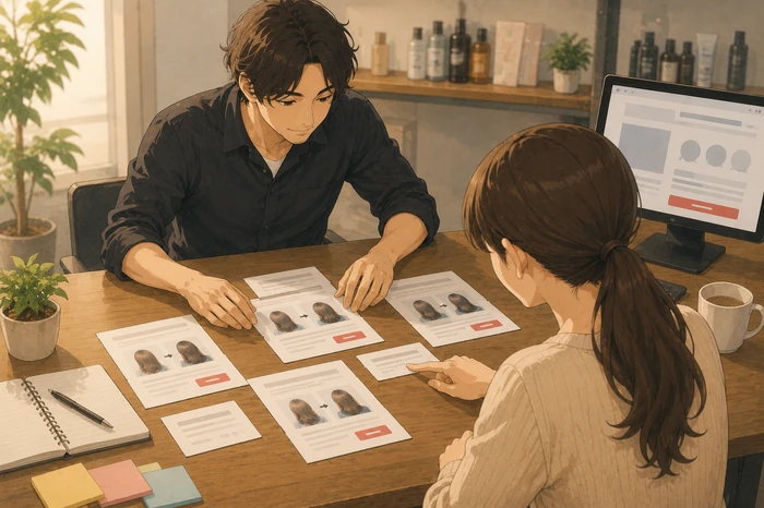 スタッフがビフォーアフター写真と説明文、予約ボタンの位置を紙面で検討している場面の画像