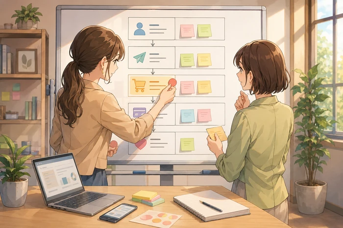 美容師や一般事業者ではなく、女性経営者とスタッフがホワイトボードで登録→配信→販売→決済の優先順を付箋で整理している画像