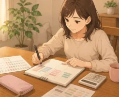ダイニングテーブルで口座明細とノートを広げ、給料の出費を3つに分けて確認している若い女性のイラスト画像