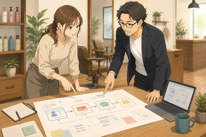 販売導線(会員サイト、決済、LINE連携)をつなげた図を二人で検討する女性スタッフと男性スタッフの画像