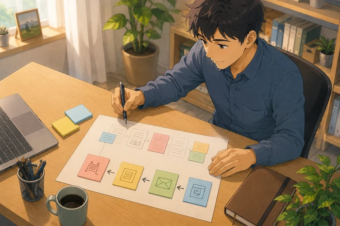 男性の個人事業主が机上の紙と付箋で「無料登録フォーム→ステップメール→講座案内→決済」の販売導線を確認している画像