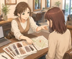 美容師がカウンセリングでお客様の髪の状態を確認し、仕上がり写真と地域情報を並べて説明する場面の画像