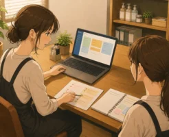 サロンオーナーがバックオフィスでパソコンと印刷物を使って「朝まとまらない」などの悩み語候補を確認している画像