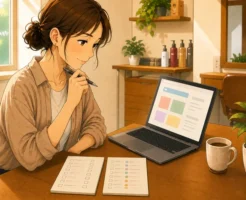 美容室オーナーがカウンセリングで聞いた白髪の言葉をパソコンで整理している画像