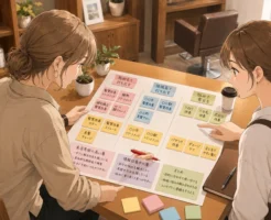 美容室オーナーが施術名・地域・悩みの候補を整理して髪質改善で集客する方法を検討している場面の画像