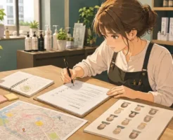 美容室 SEO 市区町村で地図を確認するサロンオーナーの温かいアニメ調イラスト画像