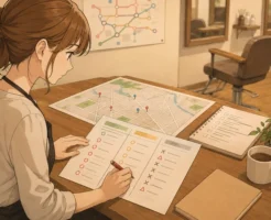 美容室オーナーが店舗の地図と駅名候補一覧を前に、残す・保留・外すの3列に印を付けながら最寄り駅を優先するか検討している画像