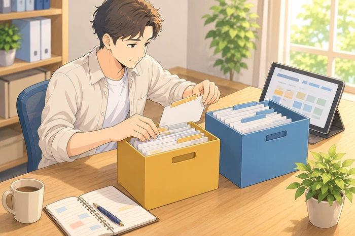 運用担当の男性が机上で一斉配信用の原稿の束とステップ用の運用フォルダを色分けして分けているアニメ調イラスト画像