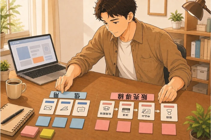 デスクでカードと付箋を使って「配信」と「販売導線(登録→申込み→決済→会員)」の違いを比べる男性の作業風景画像