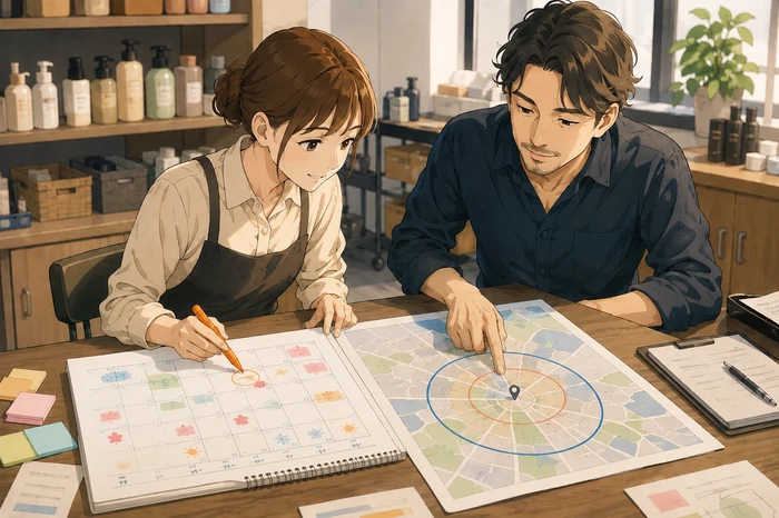 サロンスタッフがカレンダーと地図で季節イベントと来店圏を照らし合わせる場面の画像