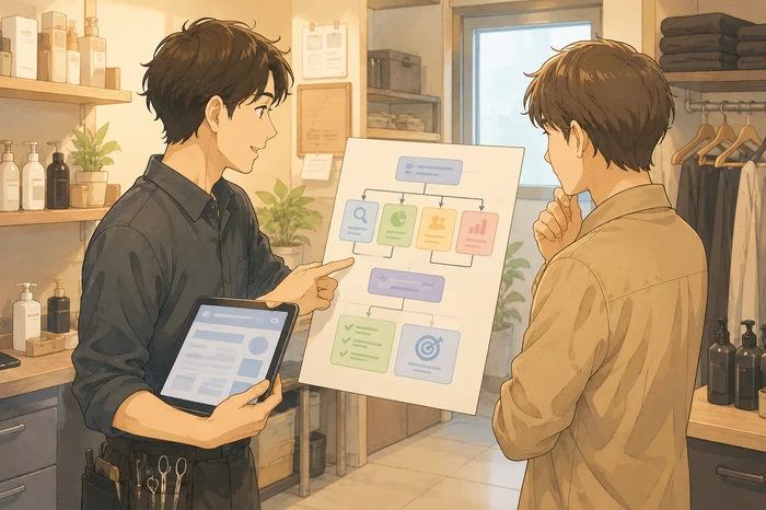 男性スタッフが親記事や全体ガイドを示すフローチャートを同僚と確認している美容室の画像