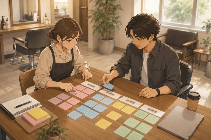 スタッフが『駅名』『口コミ』『MEO』『施術名』などのテーマカードを机で分類している画像