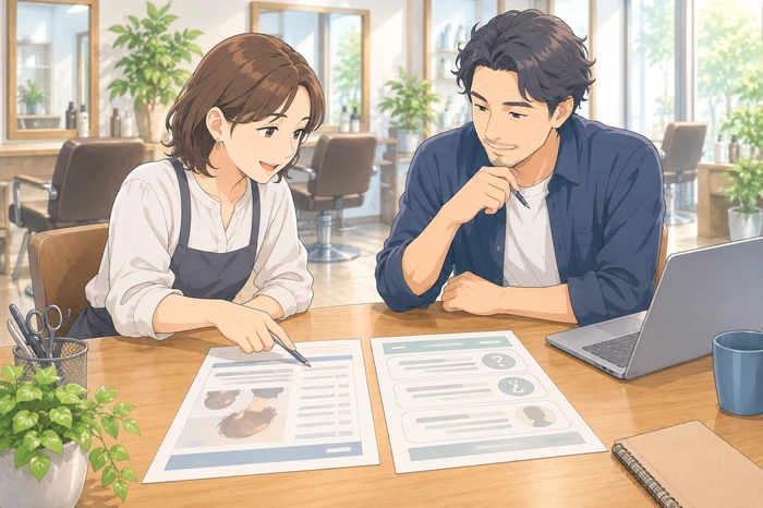 スタッフが施術ページの見本と予約前不安を解消するブログ記事のレイアウトを並べて比較している画像