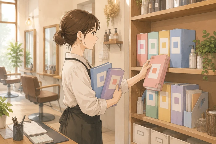 女性スタッフが『地域』『年代』『口コミ』などのラベルが付いたフォルダを整理している画像(白髪ぼかしの記事分割を示す)
