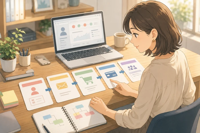 女性の事業主が机上に広げたカード(登録・配信・決済・会員サイト)を指でなぞりながら顧客導線を俯瞰している画像