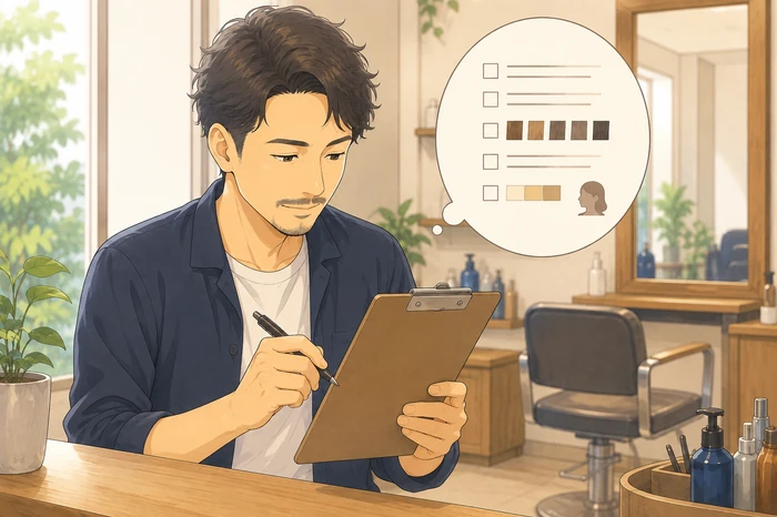 男性美容師がカウンセリングで確認する項目をクリップボードに書き出している様子の画像(白髪ぼかしの強みを整理)