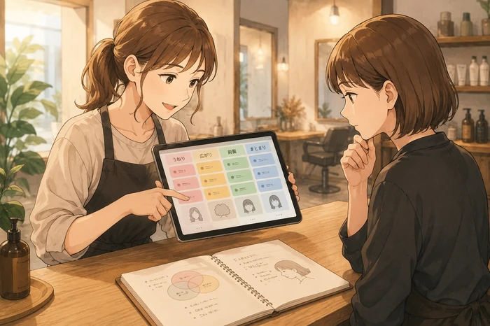 女性スタッフがタブレット上の色ブロックで「うねり」「広がり」などの悩み候補を整理している画像