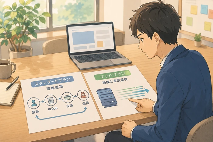 二つの比較シートを並べ、片方に導線図、片方にサーバーや速度を示すアイコンを指し示して比較する男性の場面画像