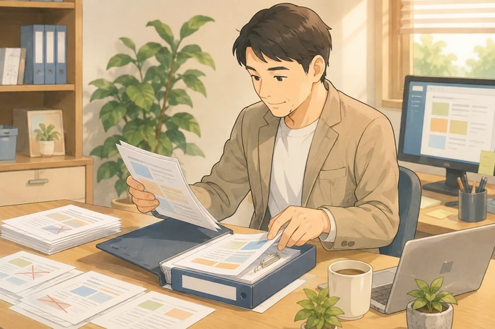 男性担当者が重複した原稿を統合し不要稿を削除してデスクを整理するアニメ調イラスト画像