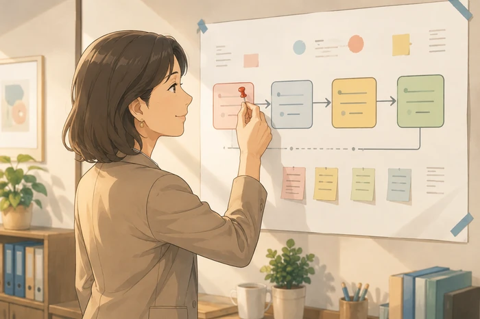 運営者が壁に貼られた導線図の中で「入口」に赤いピンを差して最初に着手する場所を決めている場面を描いた画像