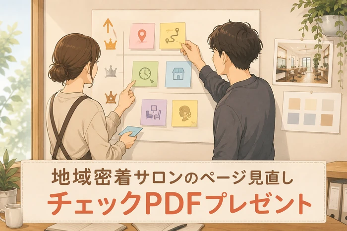 スタッフが付箋で『住所』『アクセス』『営業時間』『初回の流れ』など来店前に必要な情報を優先順位ごとに貼り出して整理しているイラスト画像