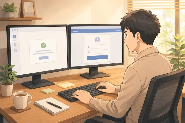 管理者がテストユーザー登録→ユーザー管理で状態確認→ログインページでの入力検証という順に動作確認をしている様子のイラスト画像