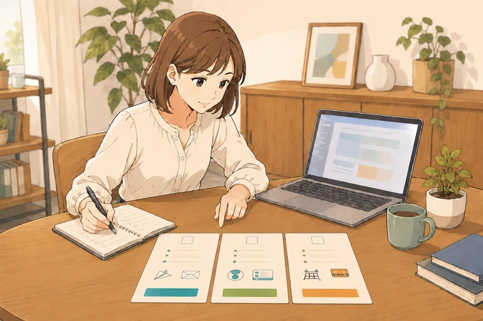 机の上で「ビギナー」「パーソナル」「スタンダード」と書かれた三つのカードを並べ、自分の運用に当てはめてチェックする女性の場面画像