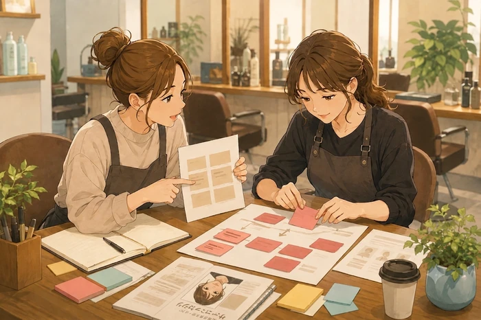 スタッフがサービス説明の文言を『技術が高い』から『朝まとまらない髪』などお客様の悩み言葉に書き換えている様子のイラスト画像