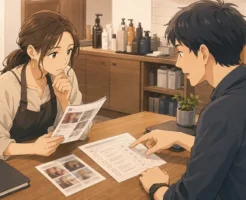 サロンオーナーとWeb担当者がトレンド施術の公開可否をチェックシートで確認する場面の美容室のSEO画像