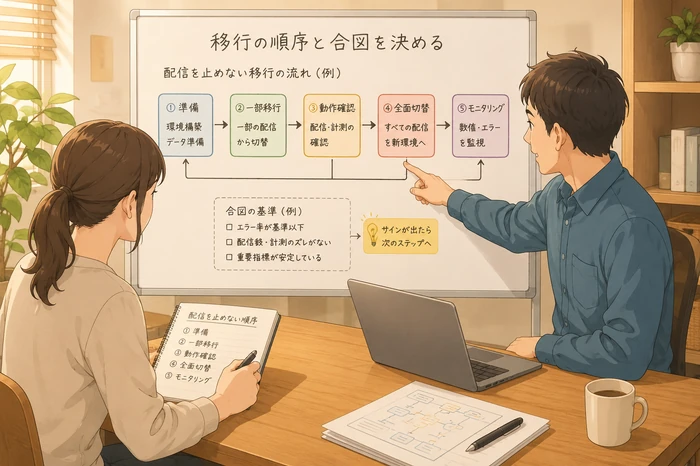 スタッフがホワイトボードで移行順序を分割して説明し、主担当がメモしている画像