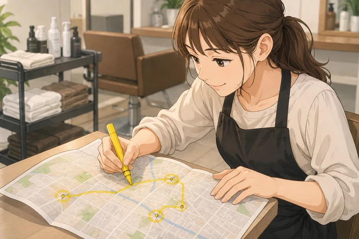 女性スタッフが印刷した地図に徒歩ルートをマーカーでなぞり、徒歩で来られる駅を丸で囲んでいる確認作業の画像
